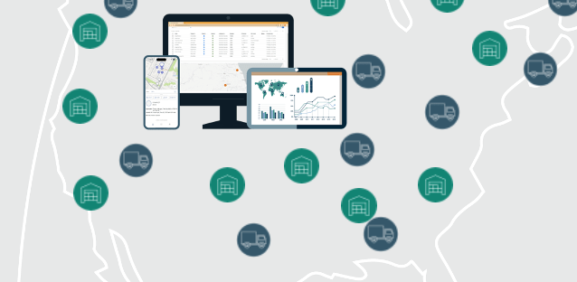 Map visualization of inventory management using digital devices, featuring dashboards and real-time tracking of warehouses and trucks in remote locations.