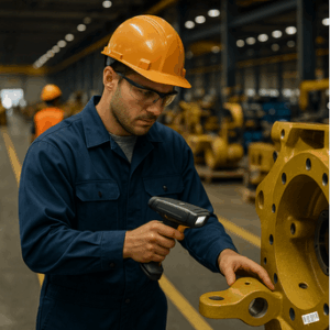Production worker scanning a barcode