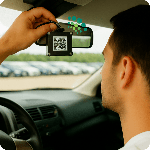 Luna GPS tracking tag being added to a car in a vehicle hold yard Luna GPS tracking tag being added to a car in a vehicle hold yard