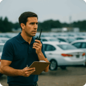 man searching for car in vehicle hold lot