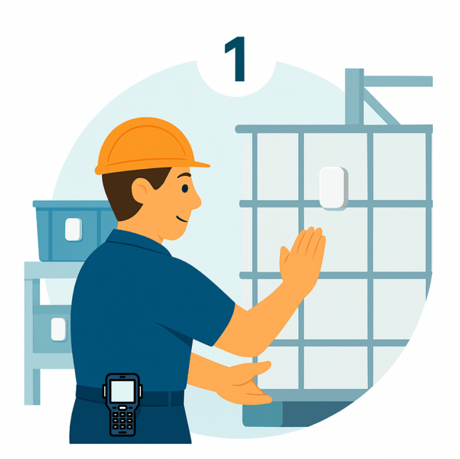 Man attaching Luna tracking tags to returnable containers